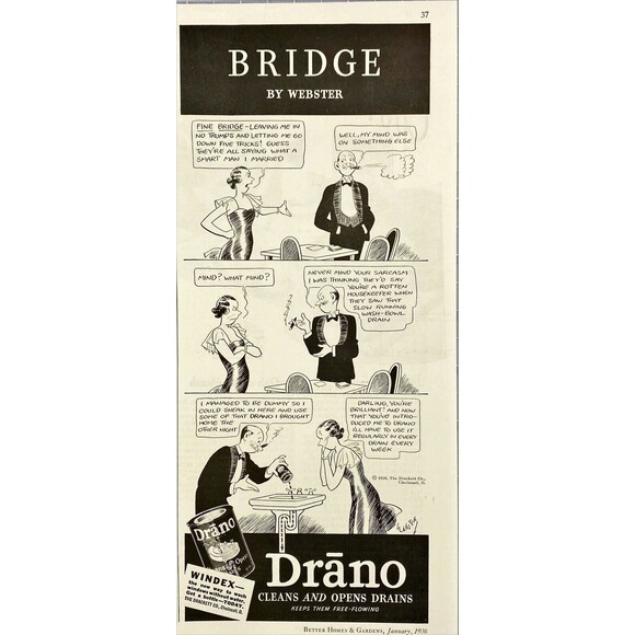 Drano/Windex "Cleans and Opens Drains" Bridge Cartoon Vintage Print Ad 1936 - Picture 1 of 3